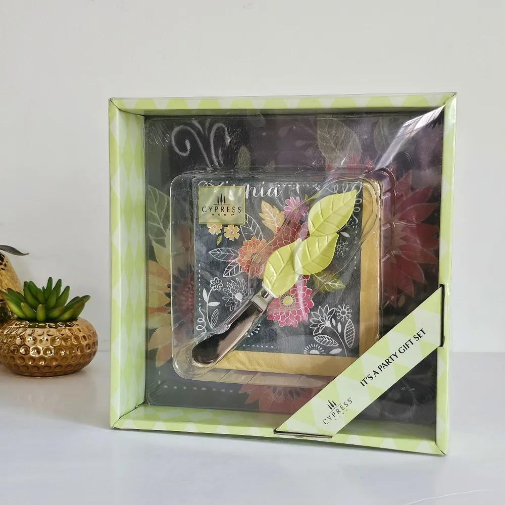 Cypress Home “It’s A Party” Gift Set Cheese Spreader + 8” Glass Saver + Napkins